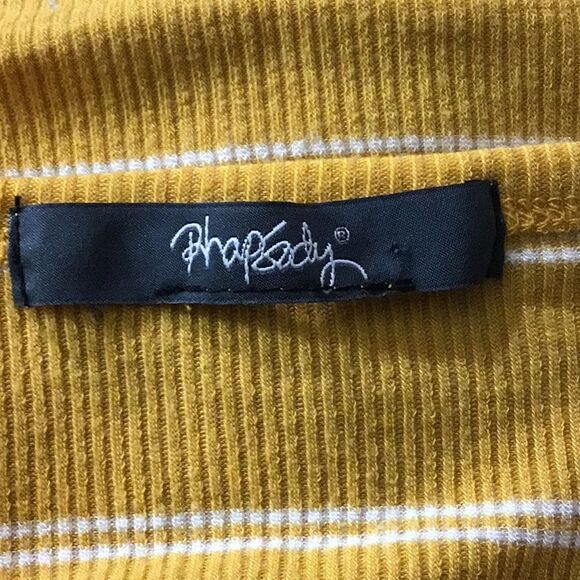 Rhapsody Striped Mustard Button-Up Women Top Sz Approximately M Cropped Stretch - Picture 4 of 4